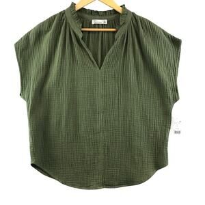 New 89th + Madison Short Sleeve Olive Green Blouse Crinkle Gauze S